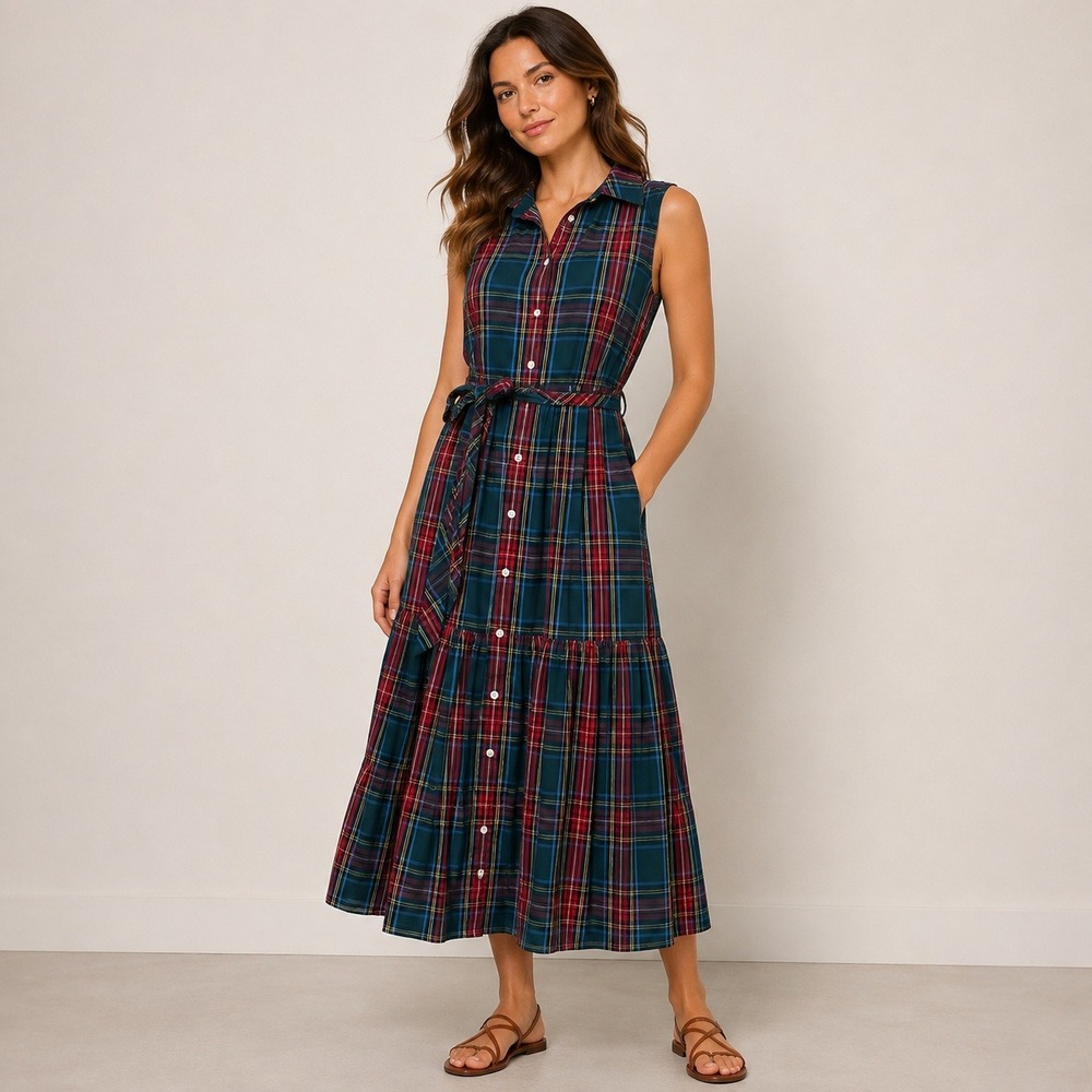 J.Crew Shirtdress 6 Green Plaid Sleeveless Tiered Midi Dress Preppy Heritage